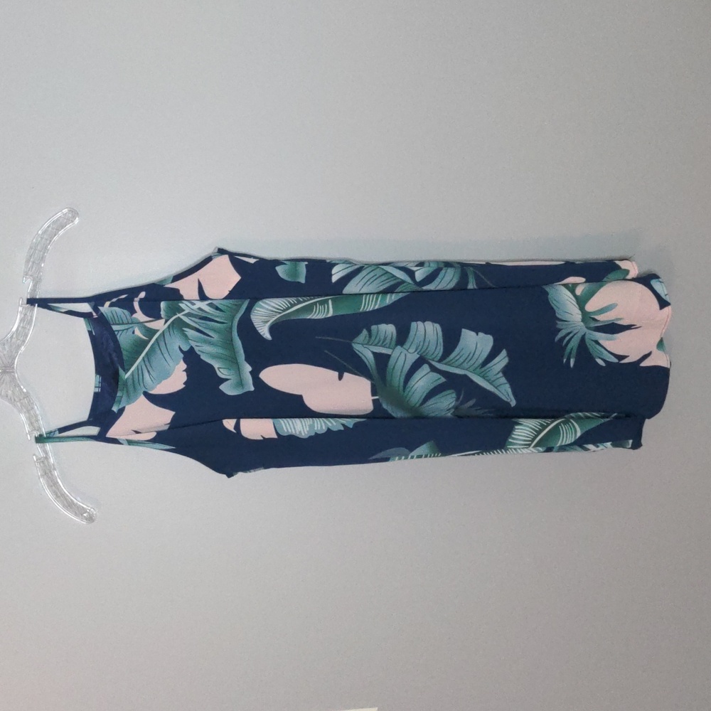EUC✨medium high neck blue tropical print spaghetti strap dress